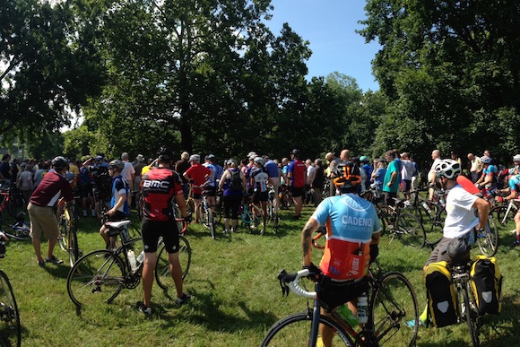 BIkers wait to cross Sullivan's Bridge