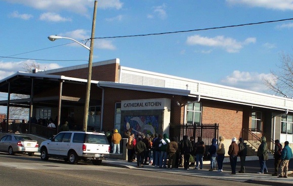 Guests line up six days a week for a nutritional meal and, often, a bag of donated food they can take home with them