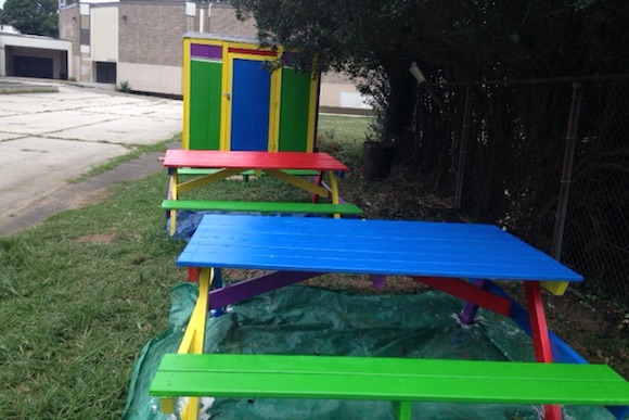 Picnic tables at Kelly Green