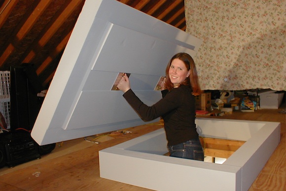 The Energy Guardian Pull Down Ladder Cover installed in an attic