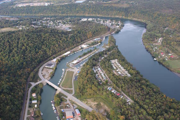 An aerial shot of the Mon River