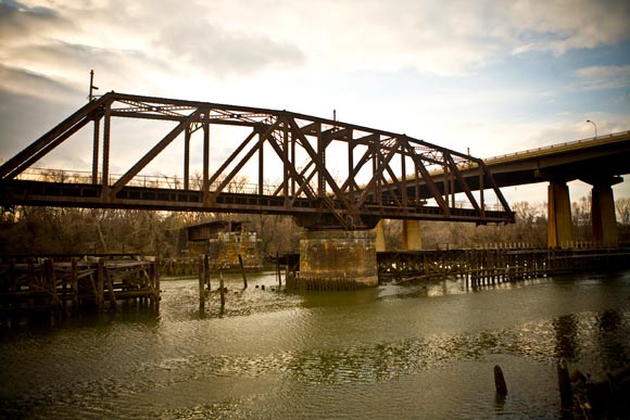 View of the Swing Bridge from Schuylkill Banks looking west to Bartram Gardens