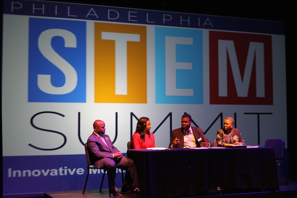 The Philadelphia STEM Summit; From left to right: Frederic Bertley, Ph.D, Franklin Institute; Talmesha Richards, PhD, STEM Connector; Patrick Oates, PhD, Universal Companies, Peirce College; Tina Richardson, PhD. Drexel University School of Education