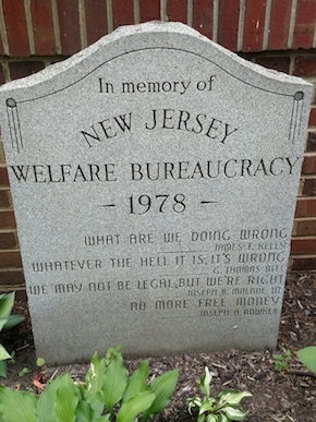 A mock grave marker at City Hall in Bordentown