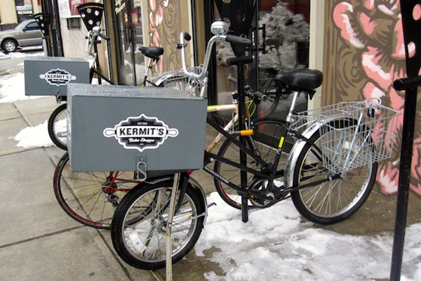 Pizza-themed bike racks outside Kermit's Bake Shop in Philadelphia
